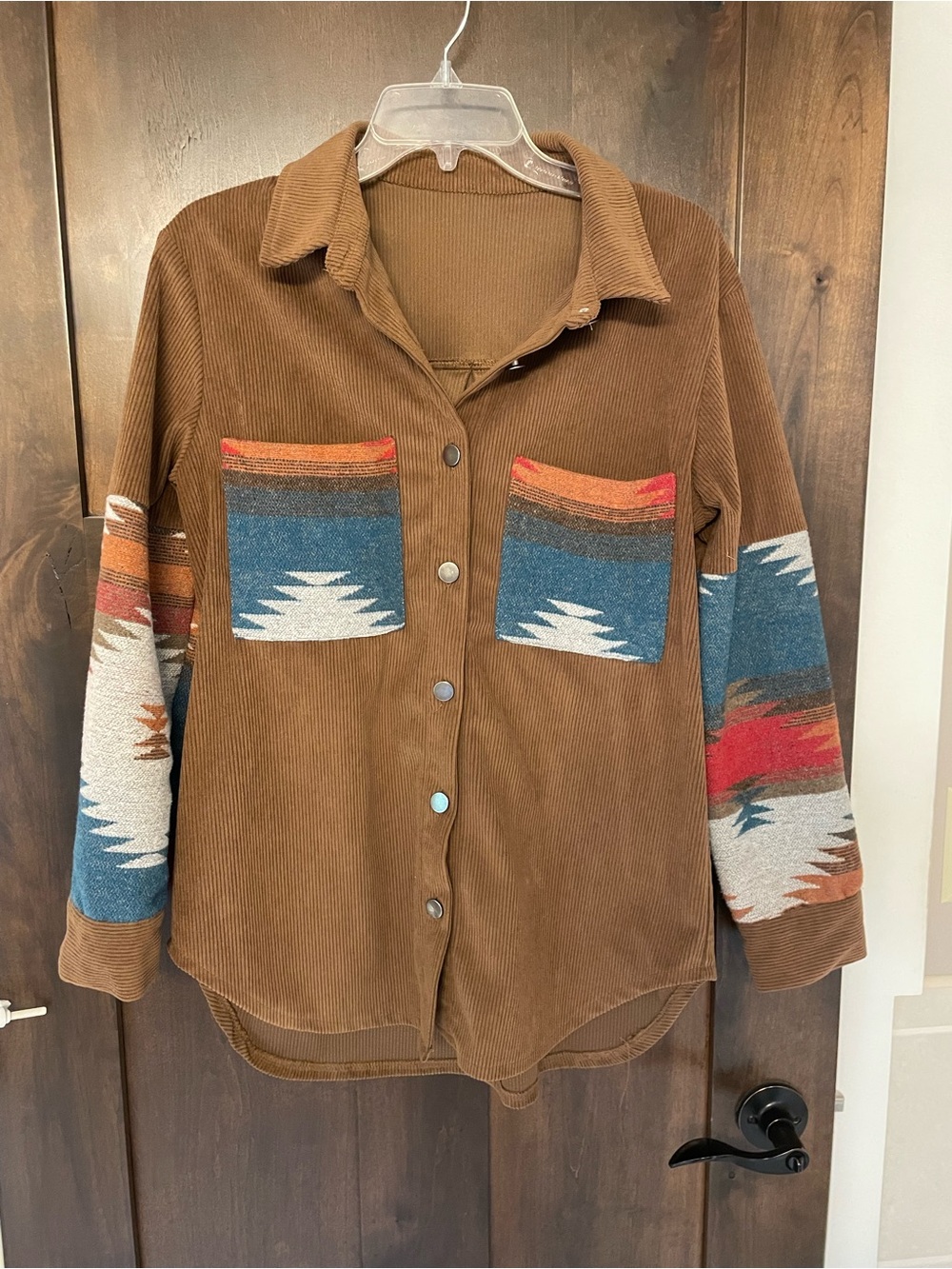 Brown Corduroy Shacket with Southwestern Pocket Detail